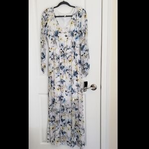 Nine West Blue & Yellow Floral Long Sleeve Chiffon Dress - Size 8